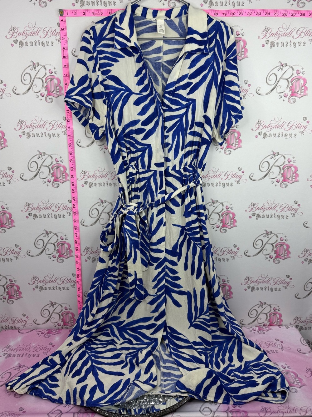 H&M dress Greece style Blue and Cream Leaf-Print Tie-Waist Maxi Dress